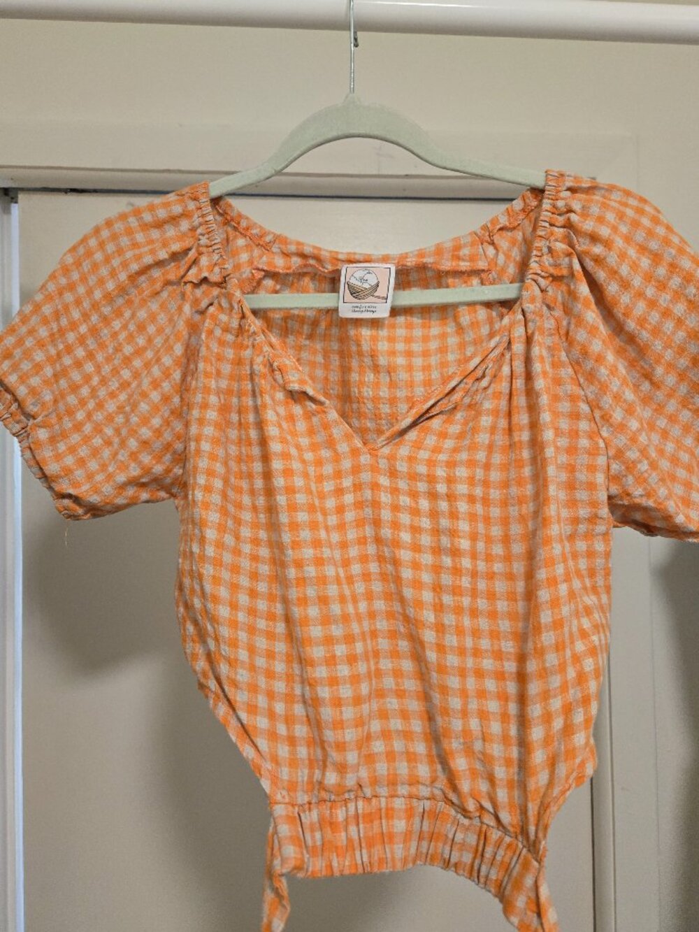Linennaive Crop Top Gingham orange puff sleeve top with tie straps XS